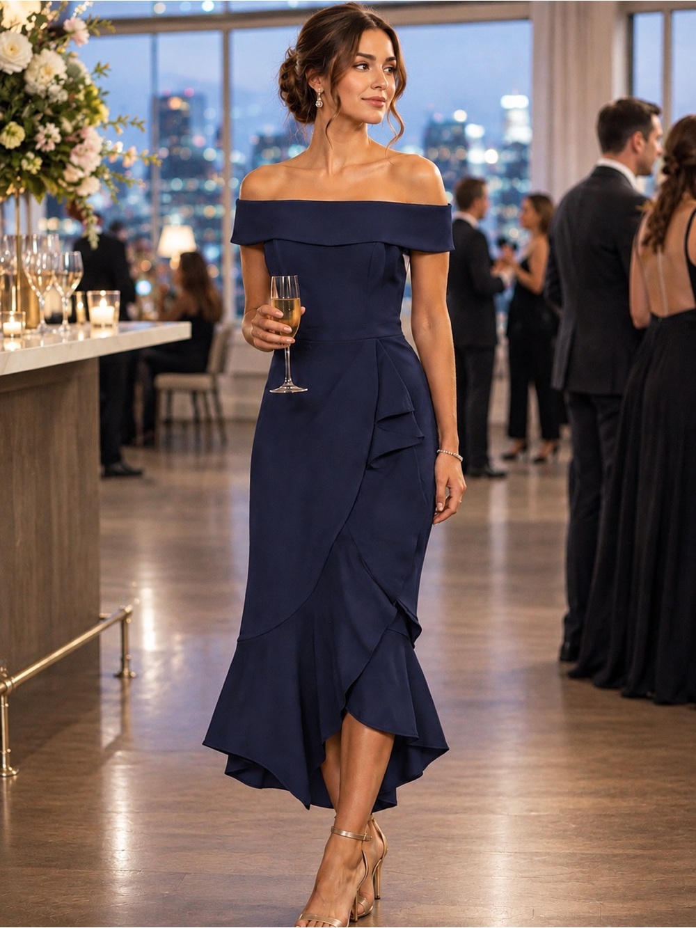 Aqua Off-Shoulder Navy Midi Dress with Ruffled Asymmetrical Hem-Size 4-luxury